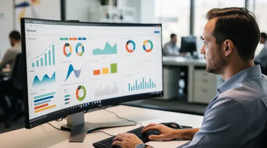 Revenue operations professional reviewing commission management dashboard on monitor