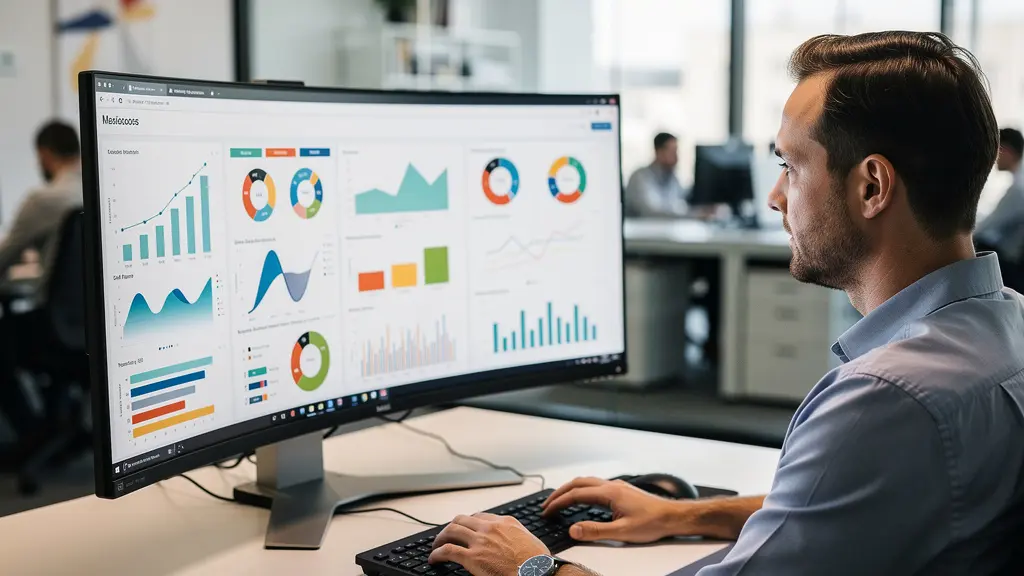 Revenue operations professional reviewing commission management dashboard on monitor