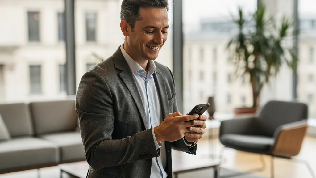 Sales professional checking commission status on smartphone with positive expression